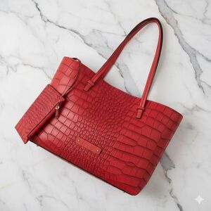 NWT De Vesti Red Crocodile-Embossed Large Tote Bag